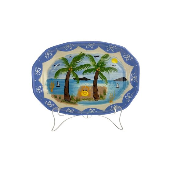 Hand-Painted Ceramic Tropical Jewelry Trinket Dish With Palm Trees & Ocean Scene - Picture 8 of 14